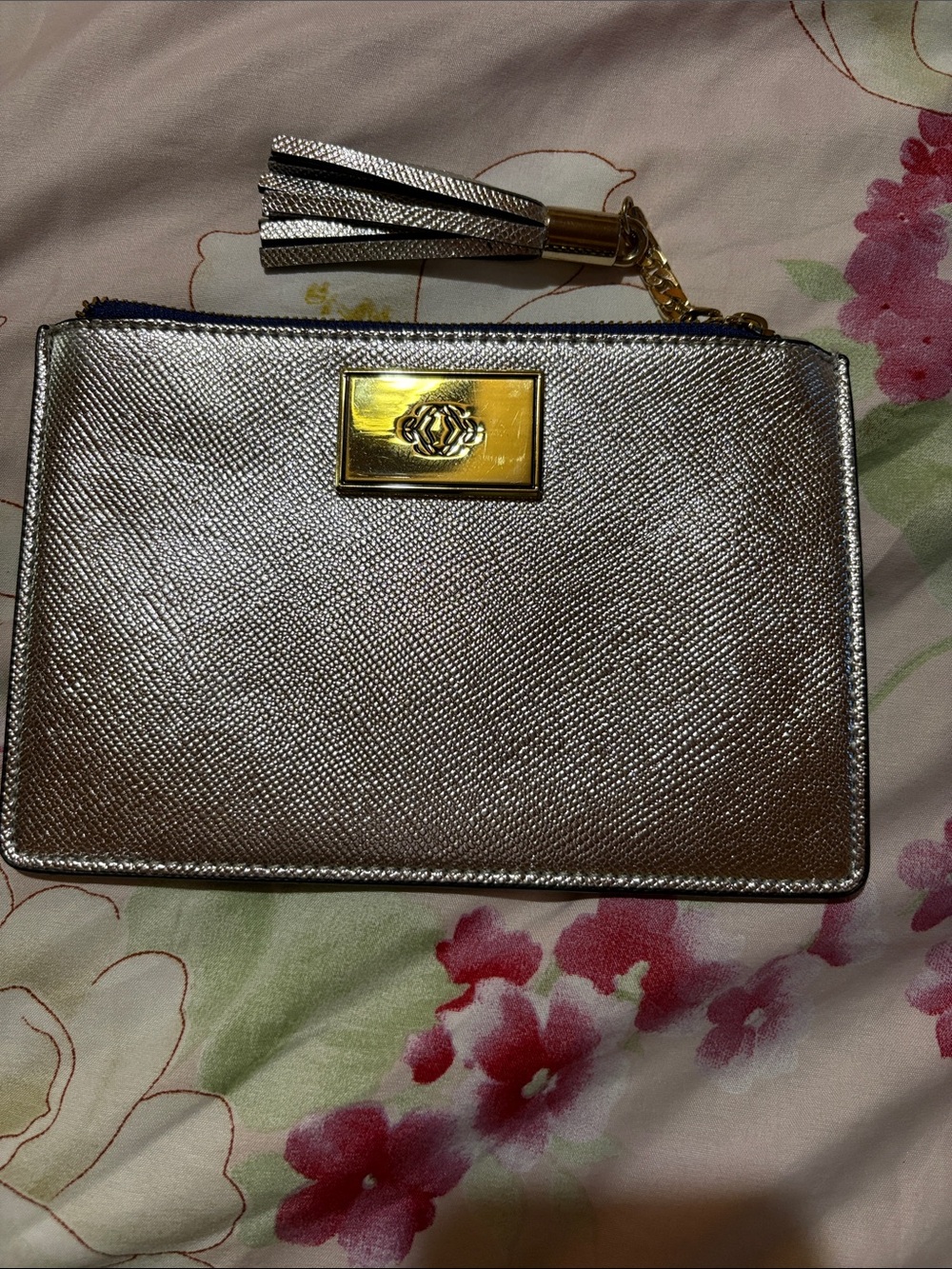 Source Unknown Metallic Silver Wristlet Clutch with Gold Plaque & Tassel